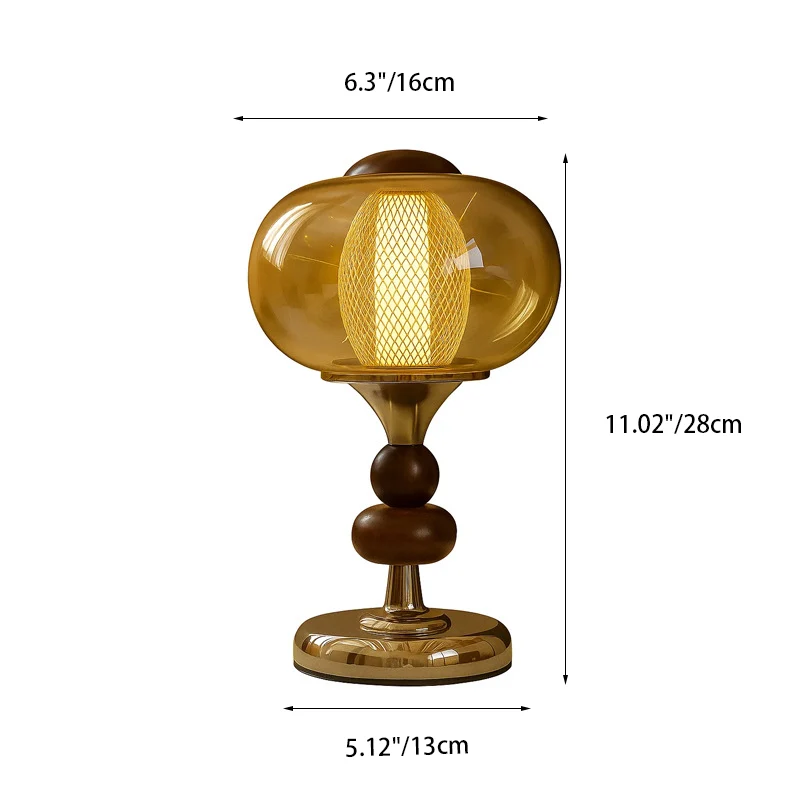 Contemporary Retro Palace Solid Wood Glass Iron Round LED Table Lamp For Living Room & Bedroom