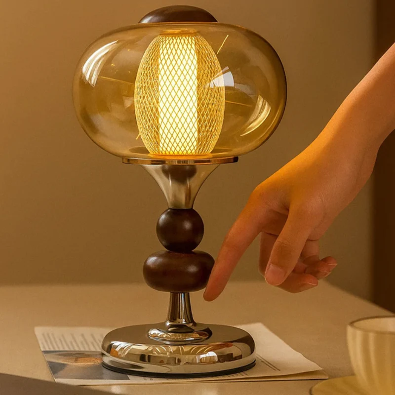 Contemporary Retro Palace Solid Wood Glass Iron Round LED Table Lamp For Living Room & Bedroom
