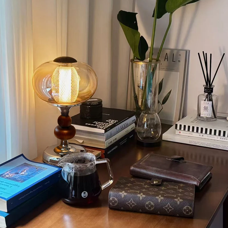 Contemporary Retro Palace Solid Wood Glass Iron Round LED Table Lamp For Living Room & Bedroom