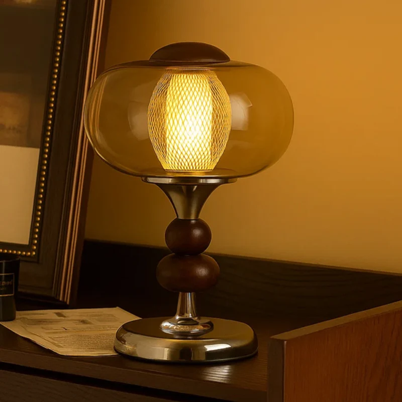 Contemporary Retro Palace Solid Wood Glass Iron Round LED Table Lamp For Living Room & Bedroom