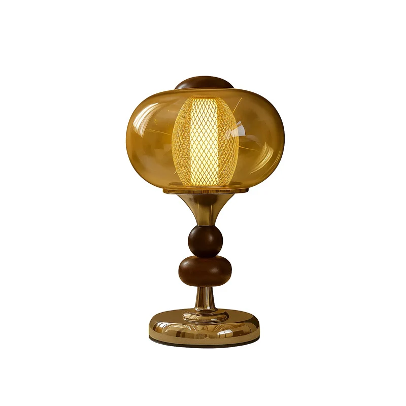 Contemporary Retro Palace Solid Wood Glass Iron Round LED Table Lamp For Living Room & Bedroom