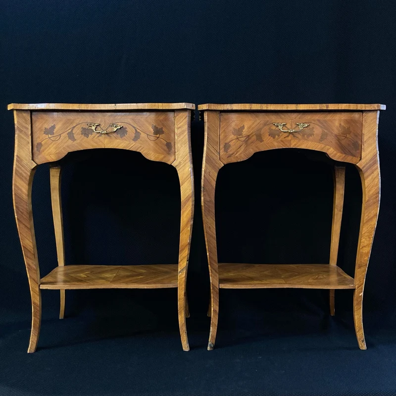 Pair of marquetry and double-deck nightstands