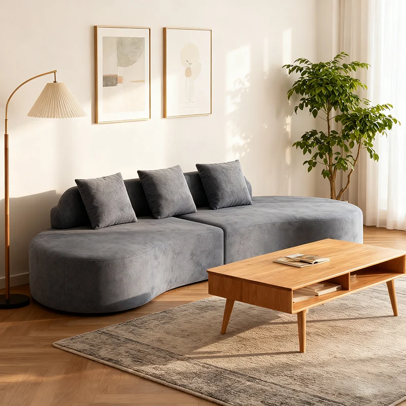 Contemporary Scandinavian Curved Streamline Fabric Sofa - Low Profile Accent Chair For Living Room