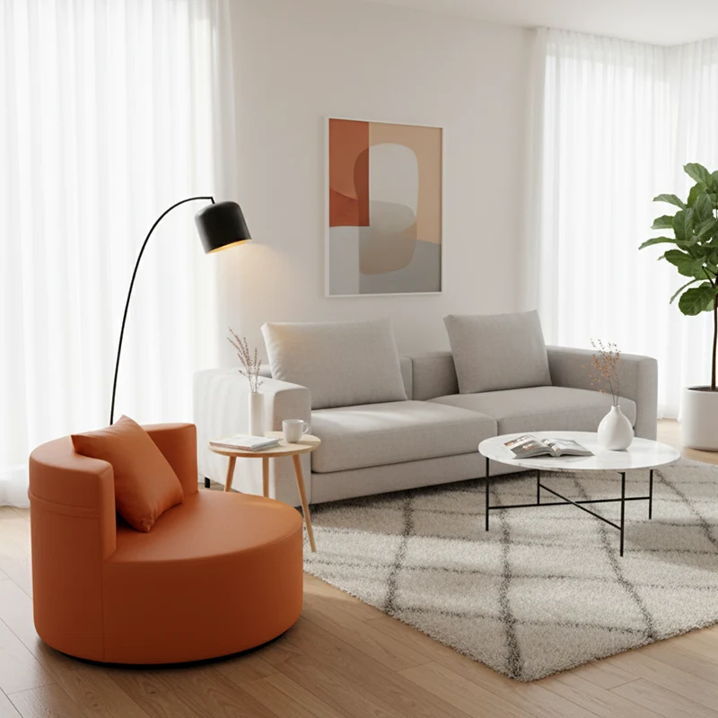 Contemporary Round Leathaire Compressed Sofa - Scandinavian High-Density Sponge Lounge Chair For Living Room