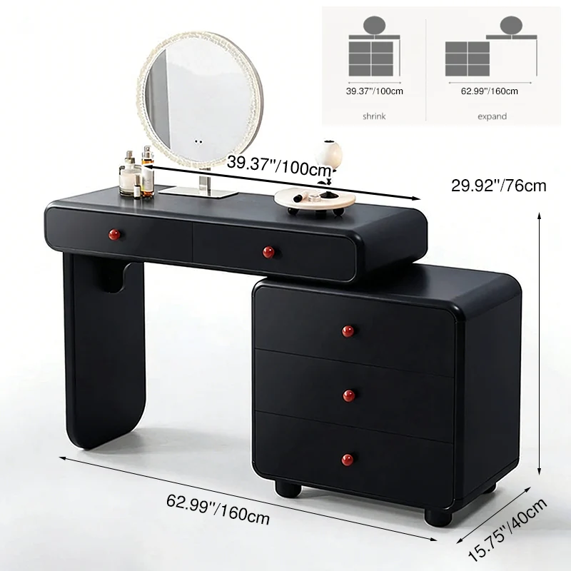 Modern Minimalist Vanity Desk With Expandable Drawer Cabinet - MDF & Solid Particle Board Makeup Vanity With 5 Drawer For Bedroom