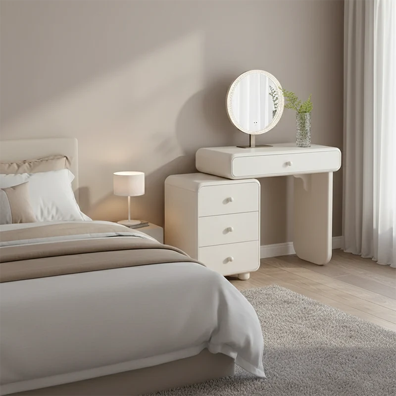 Cream Style Vanity Desk With Expandable Drawer Cabinet - Modern Minimalist MDF Particle Board Bedroom Makeup Vanity With 4 Drawers