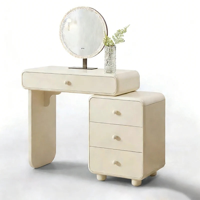 Cream Style Vanity Desk With Expandable Drawer Cabinet - Modern Minimalist MDF Particle Board Bedroom Makeup Vanity With 4 Drawers