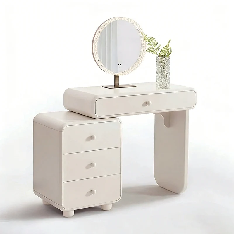Cream Style Vanity Desk With Expandable Drawer Cabinet - Modern Minimalist MDF Particle Board Bedroom Makeup Vanity With 4 Drawers