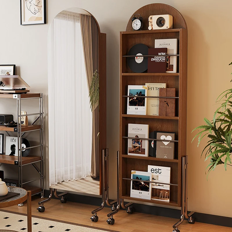 Contemporary Nordic Rubberwood Stainless Steel Glass Ellipse Bookshelf 4-Tier Movable Full-Length Mirror For Living Room