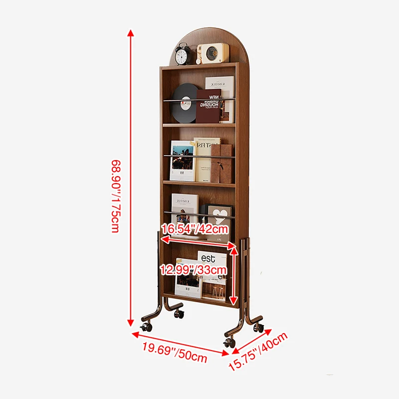 Contemporary Nordic Rubberwood Stainless Steel Glass Ellipse Bookshelf 4-Tier Movable Full-Length Mirror For Living Room