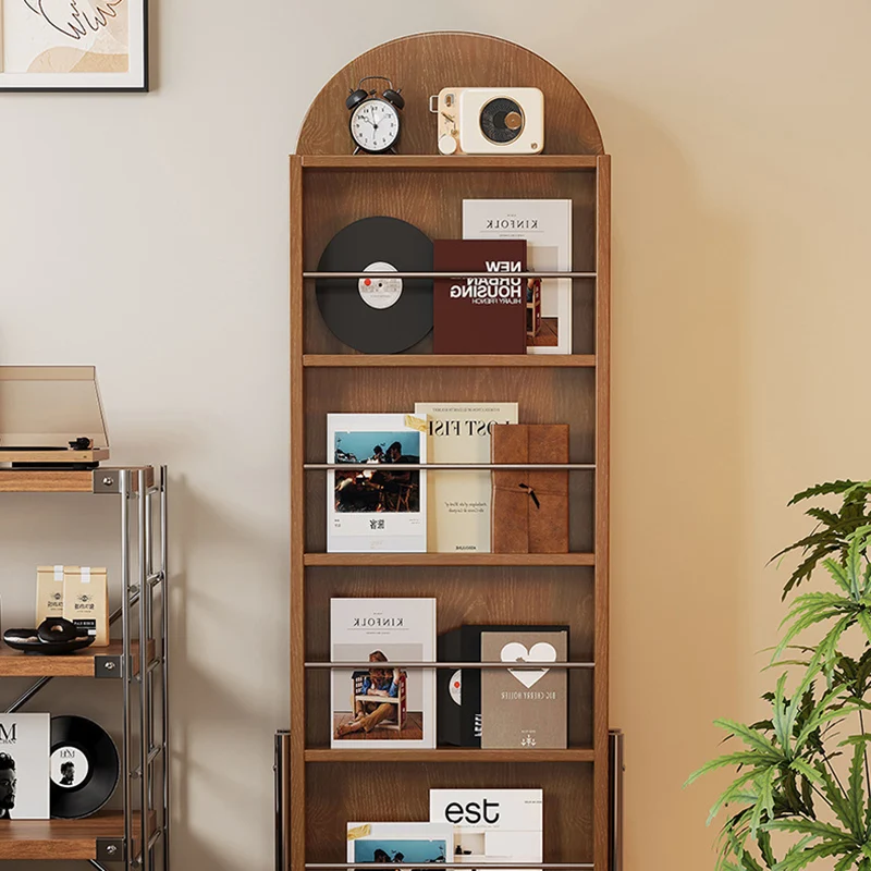 Contemporary Nordic Rubberwood Stainless Steel Glass Ellipse Bookshelf 4-Tier Movable Full-Length Mirror For Living Room