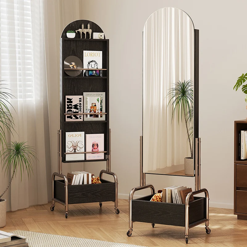 Contemporary Nordic Rubberwood Stainless Steel Glass Ellipse Bookshelf 4-Tier Movable Full-Length Mirror For Living Room