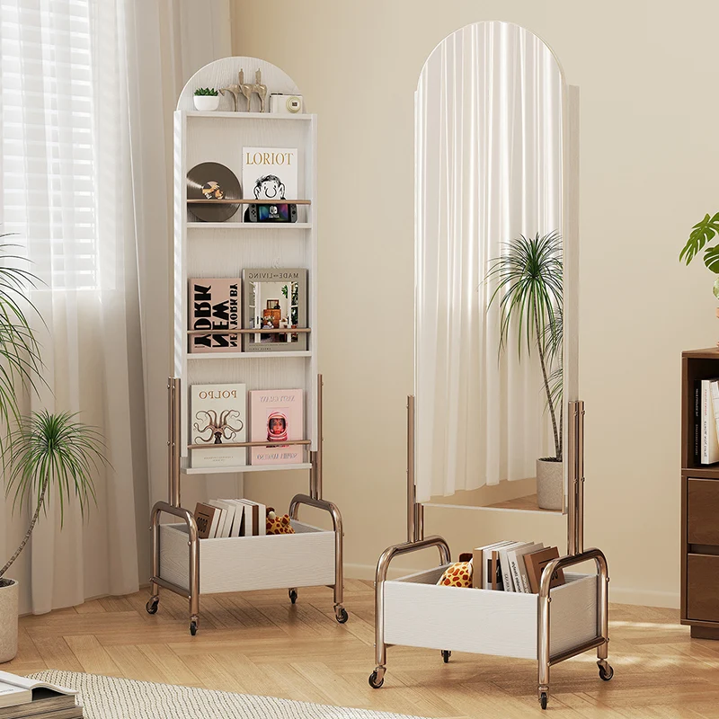 Contemporary Nordic Rubberwood Stainless Steel Glass Ellipse Bookshelf 4-Tier Movable Full-Length Mirror For Living Room