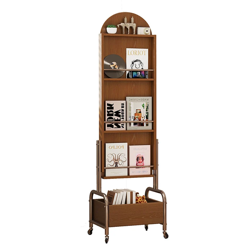 Contemporary Nordic Rubberwood Stainless Steel Glass Ellipse Bookshelf 4-Tier Movable Full-Length Mirror For Living Room