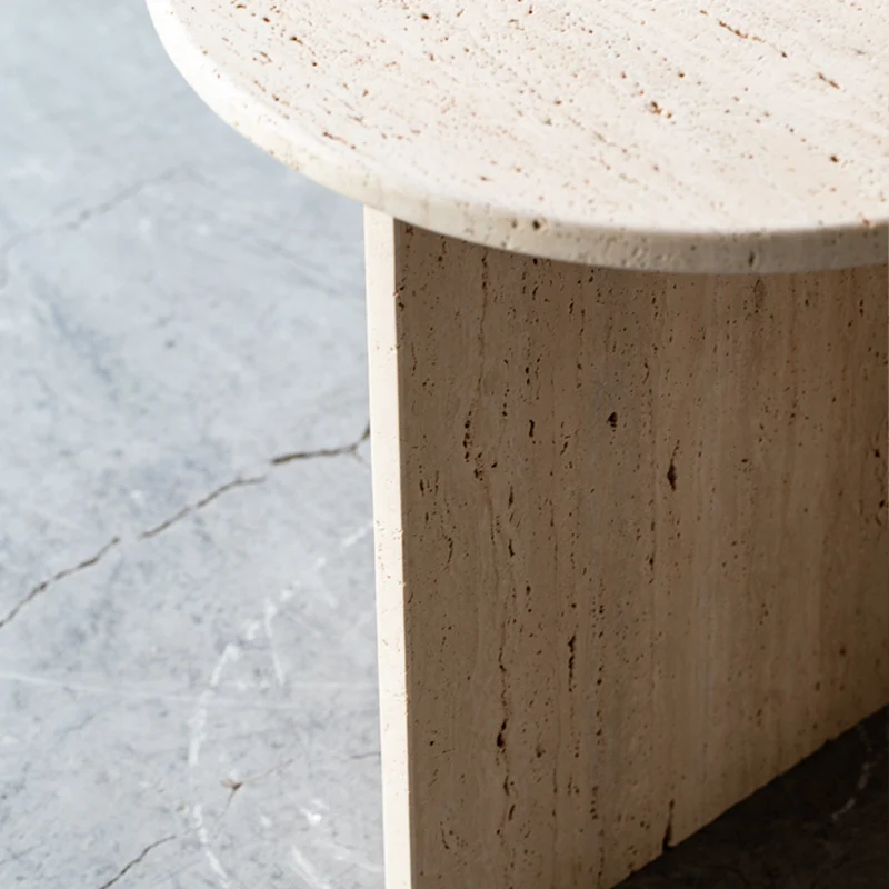 Modern Minimalist Yellow Travertine Round Side Table Sculptural Stone End Table For Living Room & Bedroom