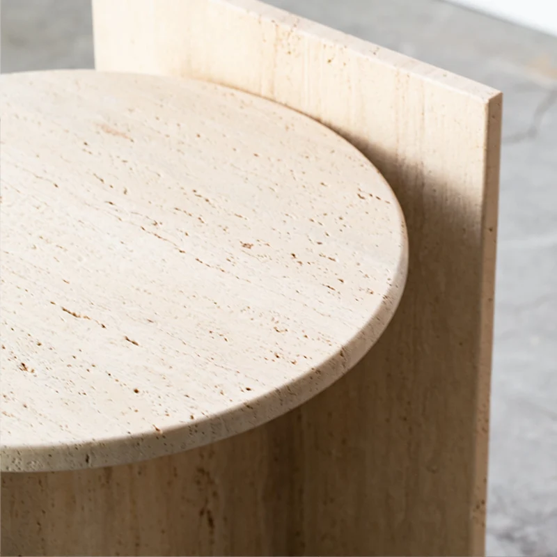 Modern Minimalist Yellow Travertine Round Side Table Sculptural Stone End Table For Living Room & Bedroom