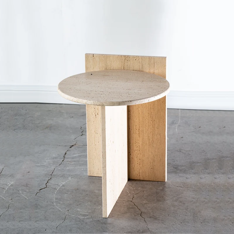 Modern Minimalist Yellow Travertine Round Side Table Sculptural Stone End Table For Living Room & Bedroom
