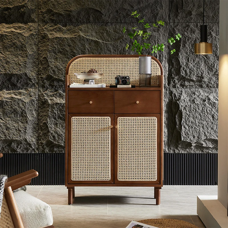 Traditional Chinese Solid Wood Plywood Ash Wood Rattan Curved Side Table With 2 Drawers For Living Room