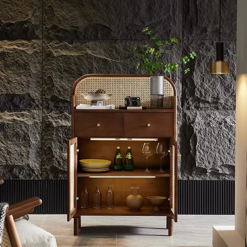 Traditional Chinese Solid Wood Plywood Ash Wood Rattan Curved Side Table With 2 Drawers For Living Room