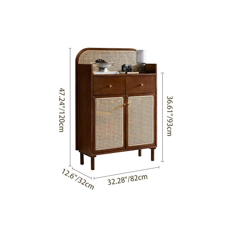 Traditional Chinese Solid Wood Plywood Ash Wood Rattan Curved Side Table With 2 Drawers For Living Room