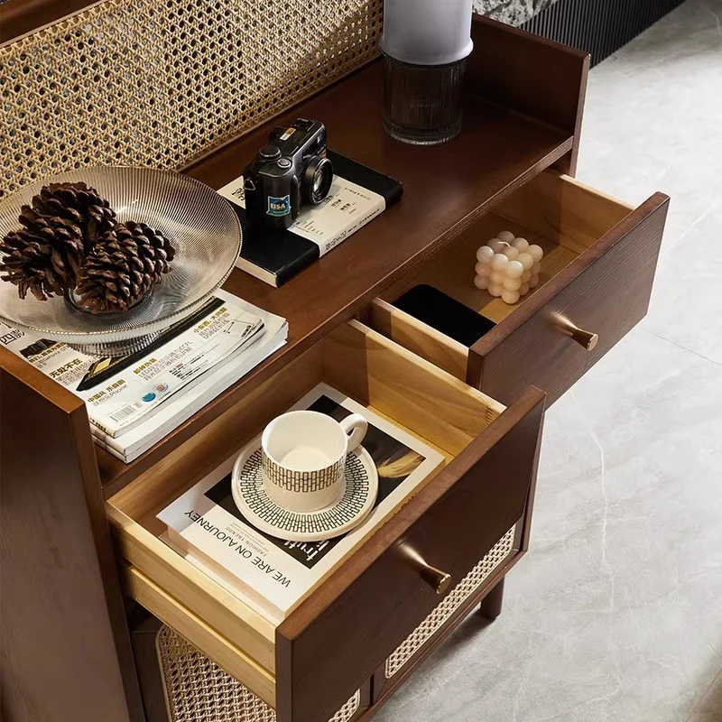 Traditional Chinese Solid Wood Plywood Ash Wood Rattan Curved Side Table With 2 Drawers For Living Room