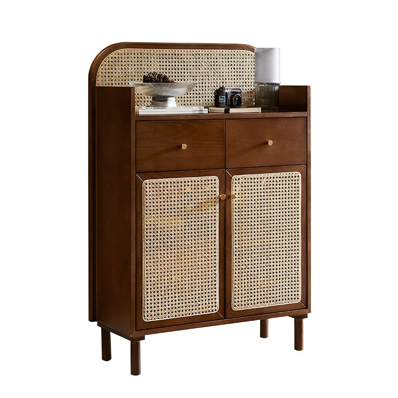 Traditional Chinese Solid Wood Plywood Ash Wood Rattan Curved Side Table With 2 Drawers For Living Room
