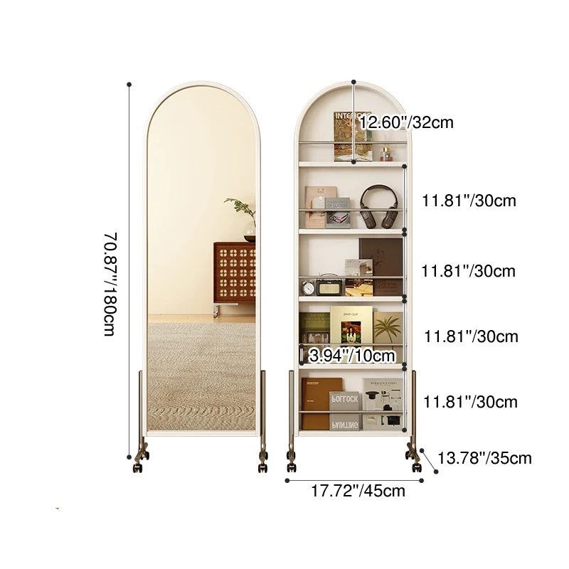 Contemporary Nordic Rubberwood Stainless Steel Glass Ellipse Full-Length Mirror Bookshelf 5-Tier Movable Rotating Storage Rack For Living Room