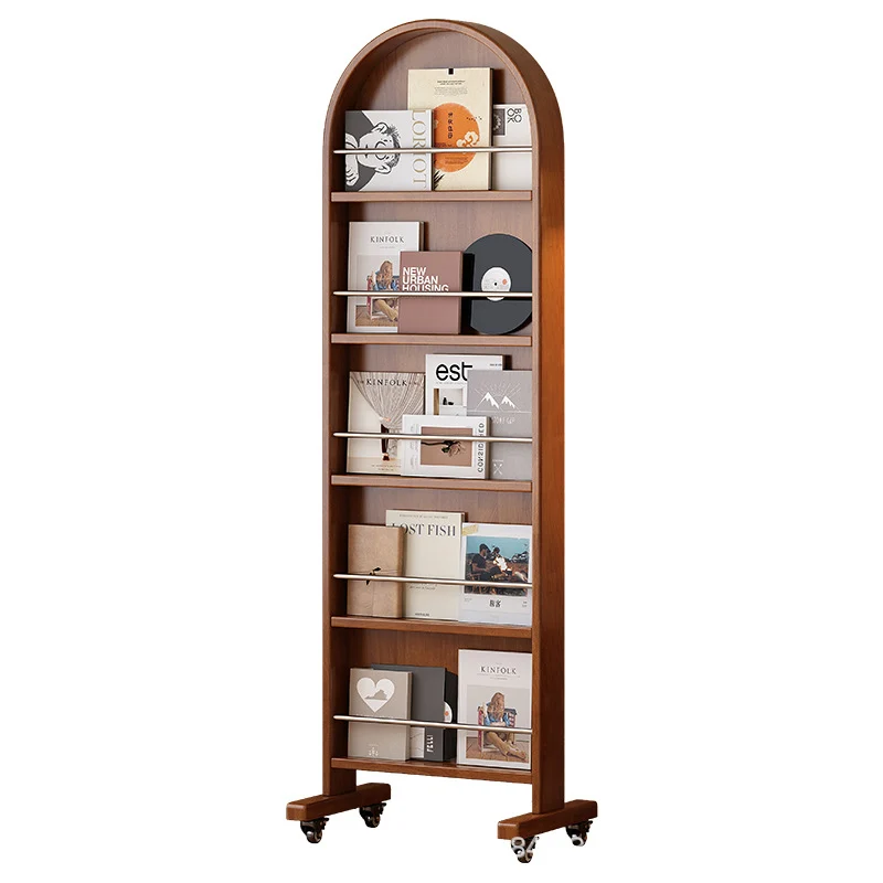 Contemporary Nordic Rubberwood Stainless Steel Glass Ellipse Full-Length Mirror Bookshelf 5-Tier Movable Rotating Storage Rack For Living Room