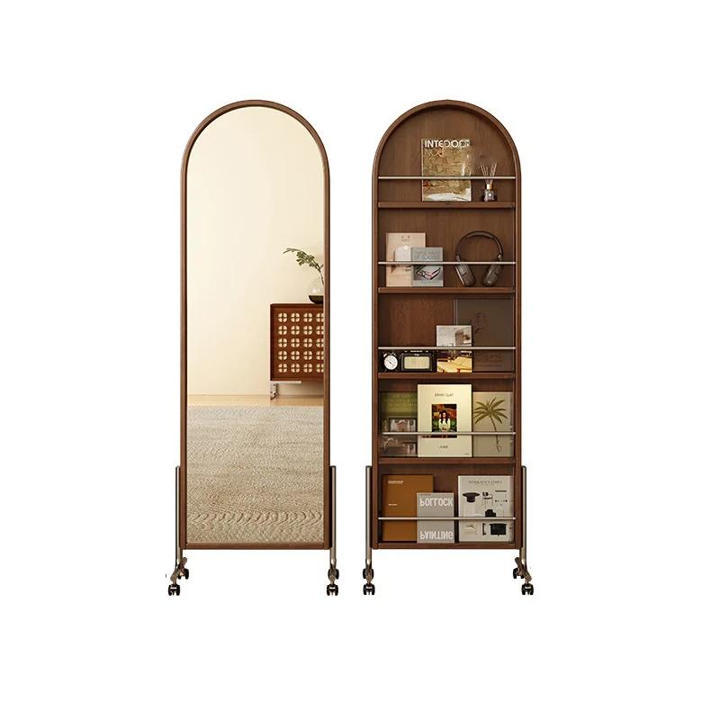 Contemporary Nordic Rubberwood Stainless Steel Glass Ellipse Full-Length Mirror Bookshelf 5-Tier Movable Rotating Storage Rack For Living Room