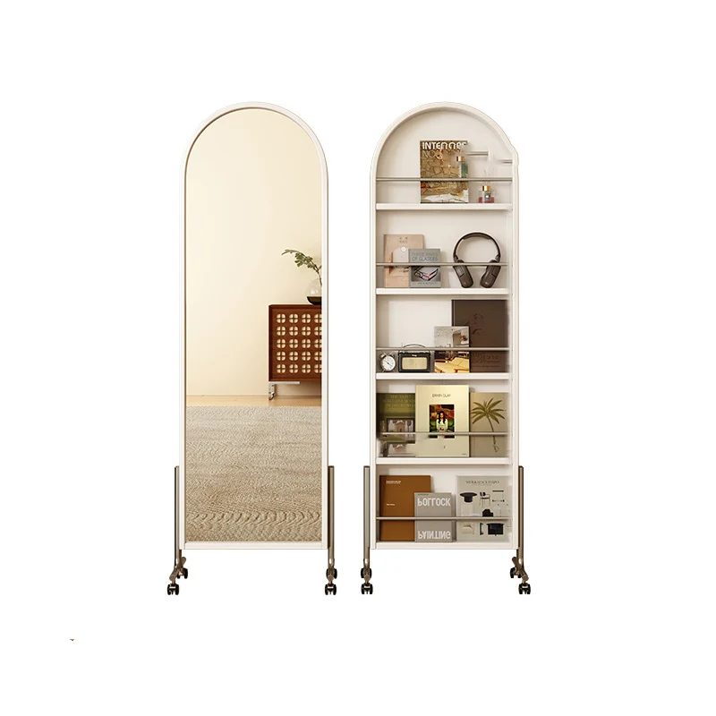 Contemporary Nordic Rubberwood Stainless Steel Glass Ellipse Full-Length Mirror Bookshelf 5-Tier Movable Rotating Storage Rack For Living Room