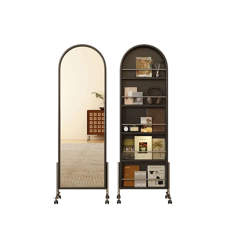 Contemporary Nordic Rubberwood Stainless Steel Glass Ellipse Full-Length Mirror Bookshelf 5-Tier Movable Rotating Storage Rack For Living Room