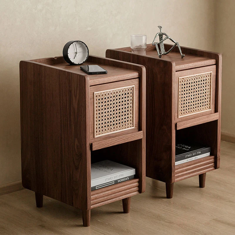 Traditional Chinese Black Walnut Wood Rattan Textured Nightstand With Drawer For Bedroom