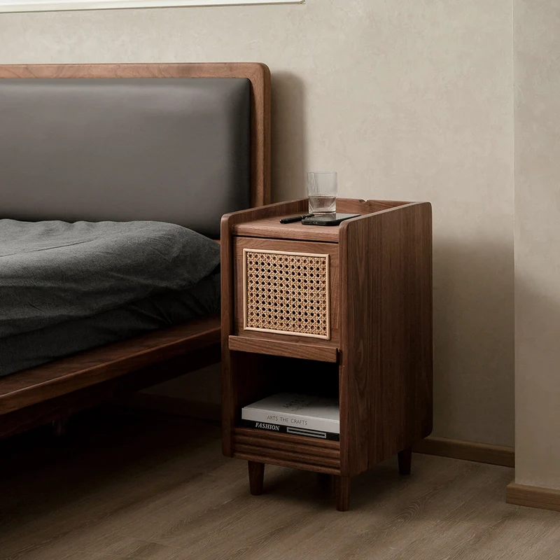 Traditional Chinese Black Walnut Wood Rattan Textured Nightstand With Drawer For Bedroom
