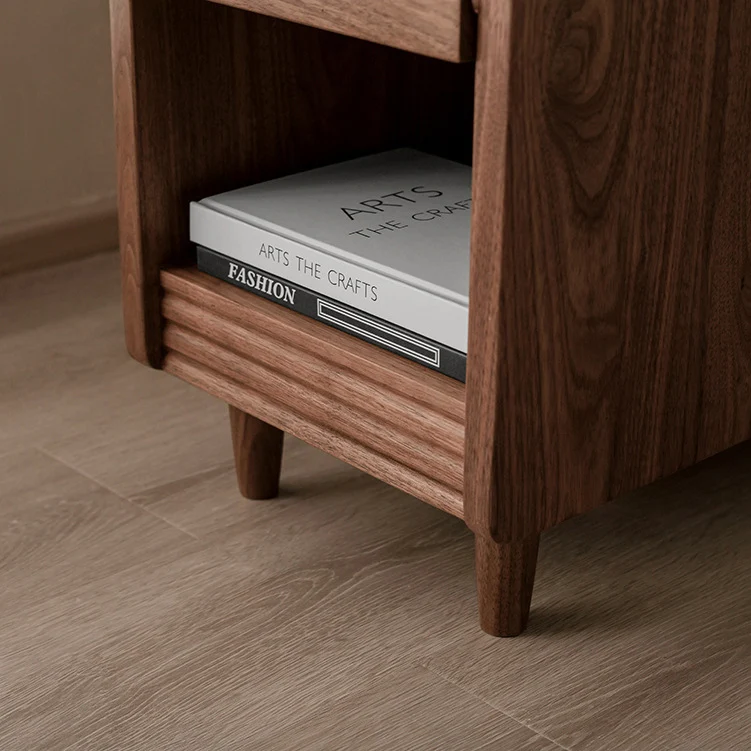 Traditional Chinese Black Walnut Wood Rattan Textured Nightstand With Drawer For Bedroom