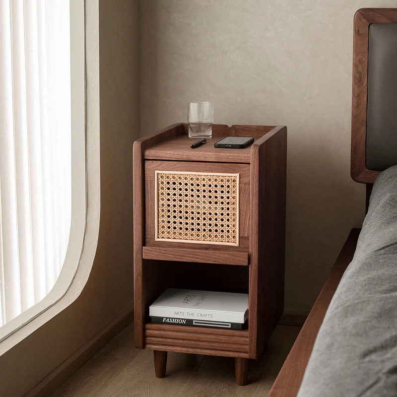 Traditional Chinese Black Walnut Wood Rattan Textured Nightstand With Drawer For Bedroom