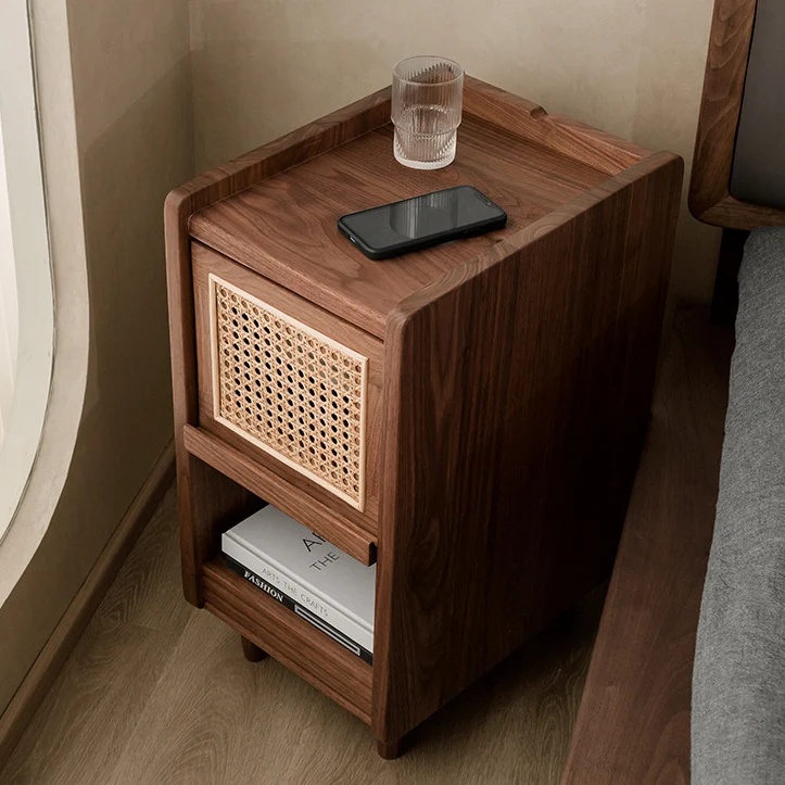 Traditional Chinese Black Walnut Wood Rattan Textured Nightstand With Drawer For Bedroom