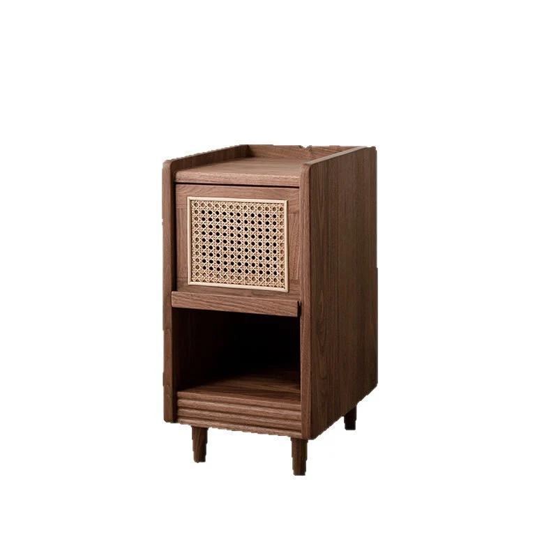 Traditional Chinese Black Walnut Wood Rattan Textured Nightstand With Drawer For Bedroom