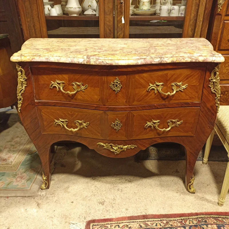 Large Louis XV chest of drawers with two drawers, applications and marble