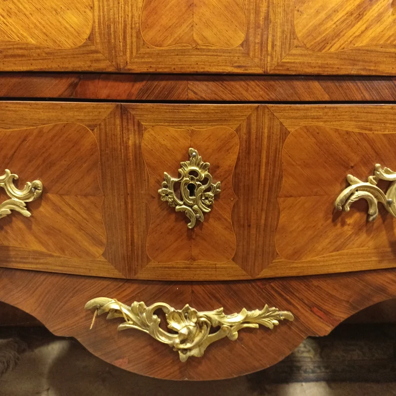 Large Louis XV chest of drawers with two drawers, applications and marble