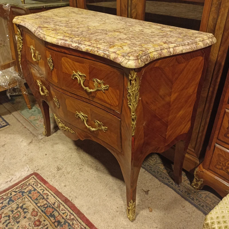 Large Louis XV chest of drawers with two drawers, applications and marble