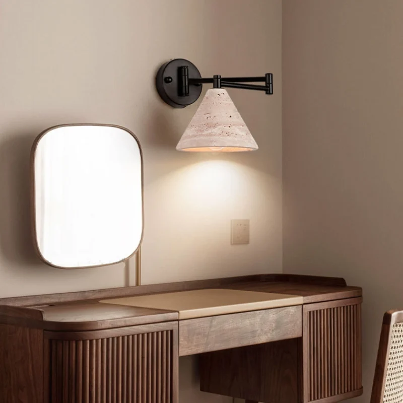 Contemporary Retro Yellow Travertine Walnut Wood Iron Cylinder & Truncated Cone 1-Light Wall Sconce Lamp For Bedroom