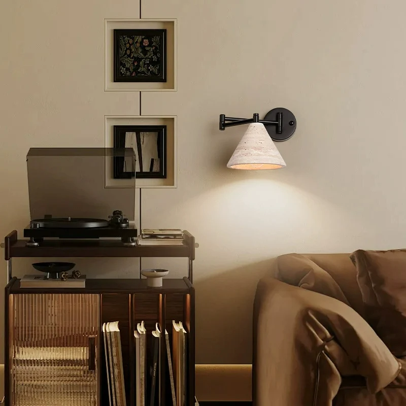 Contemporary Retro Yellow Travertine Walnut Wood Iron Cylinder & Truncated Cone 1-Light Wall Sconce Lamp For Bedroom