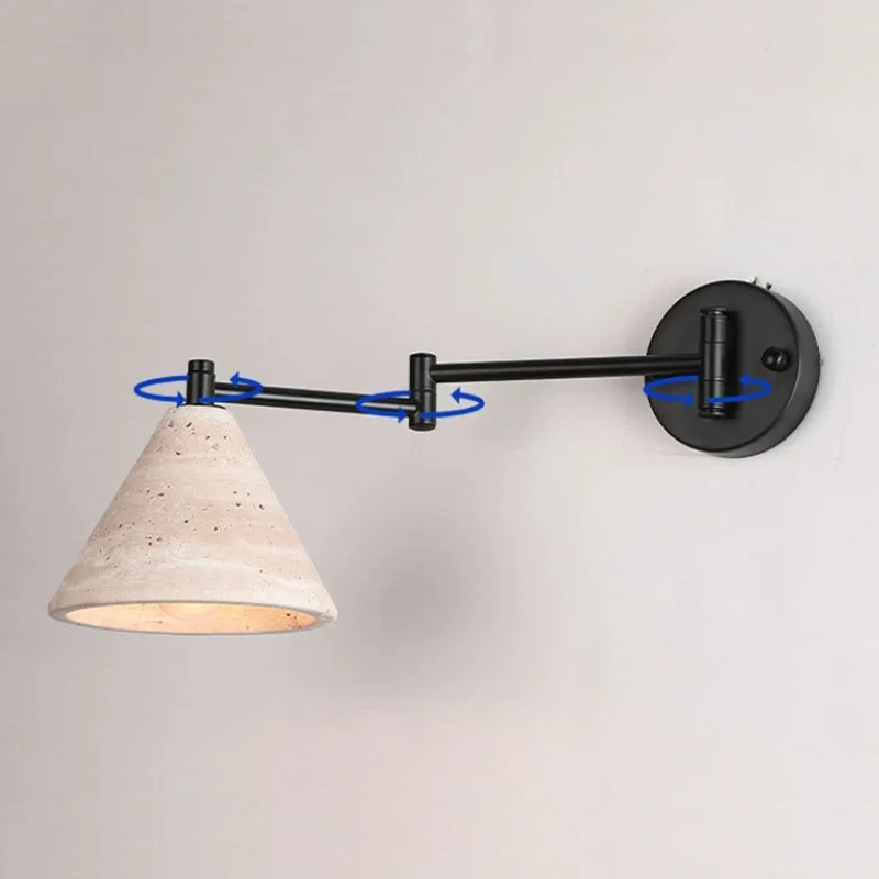 Contemporary Retro Yellow Travertine Walnut Wood Iron Cylinder & Truncated Cone 1-Light Wall Sconce Lamp For Bedroom