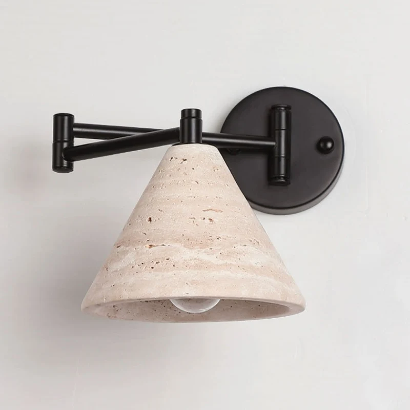 Contemporary Retro Yellow Travertine Walnut Wood Iron Cylinder & Truncated Cone 1-Light Wall Sconce Lamp For Bedroom