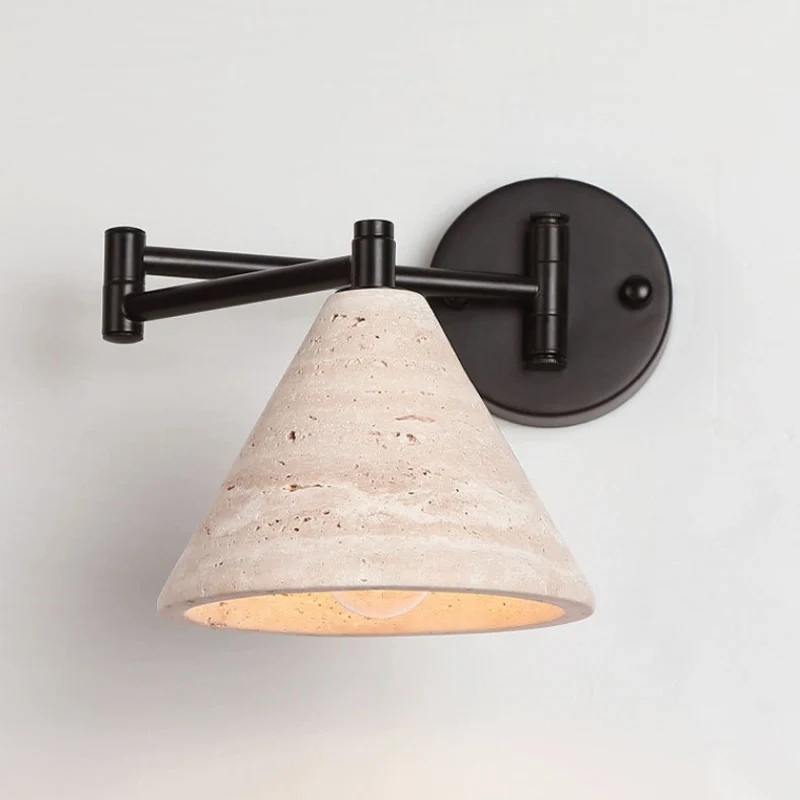 Contemporary Retro Yellow Travertine Walnut Wood Iron Cylinder & Truncated Cone 1-Light Wall Sconce Lamp For Bedroom