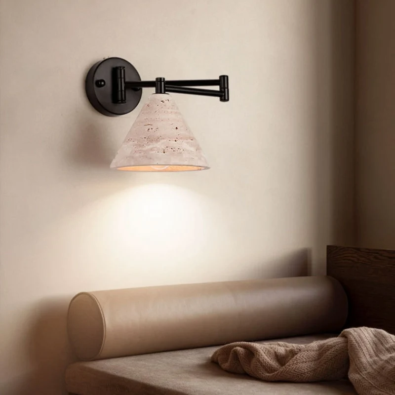 Contemporary Retro Yellow Travertine Walnut Wood Iron Cylinder & Truncated Cone 1-Light Wall Sconce Lamp For Bedroom