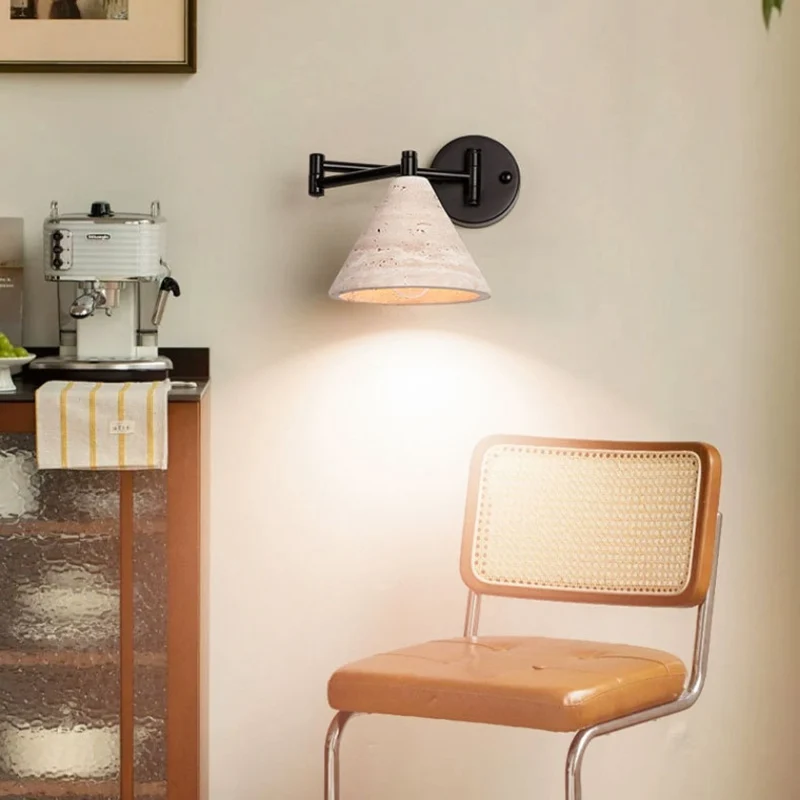 Contemporary Retro Yellow Travertine Walnut Wood Iron Cylinder & Truncated Cone 1-Light Wall Sconce Lamp For Bedroom