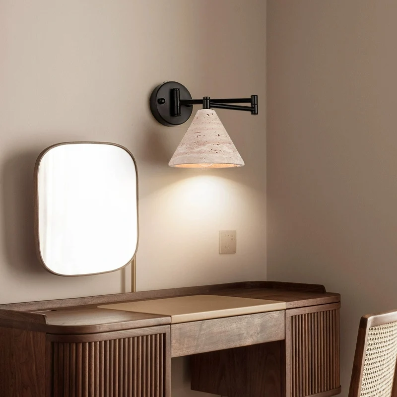 Contemporary Retro Yellow Travertine Walnut Wood Iron Cylinder & Truncated Cone 1-Light Wall Sconce Lamp For Bedroom