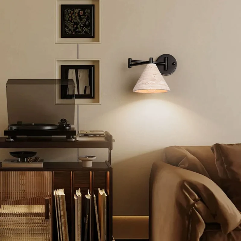 Contemporary Retro Yellow Travertine Walnut Wood Iron Cylinder & Truncated Cone 1-Light Wall Sconce Lamp For Bedroom