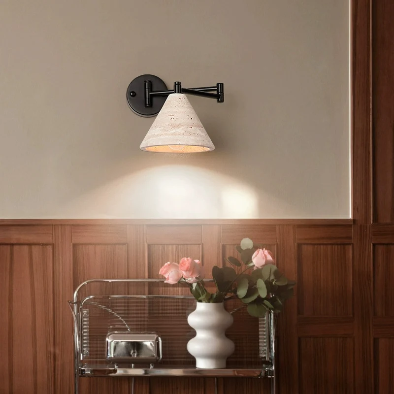 Contemporary Retro Yellow Travertine Walnut Wood Iron Cylinder & Truncated Cone 1-Light Wall Sconce Lamp For Bedroom